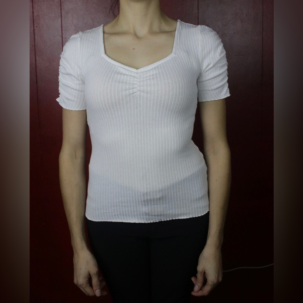 a.n.a. A New Approach White Ribbed Top - Squared V Neck - Quarter Ruffled Sleeve